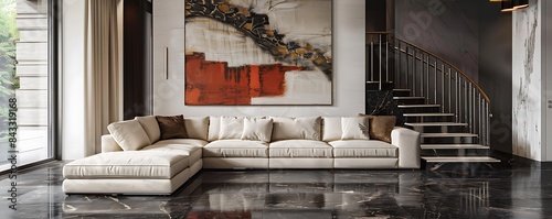 Elegant living room showcasing a cream-colored sectional sofa, a large abstract painting, and dark marble floors. Metal balusters on the staircase complement the modern vibe.