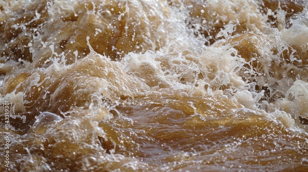 The brown muddy waters of the river are transformed into a frothy churning mass. The brown muddy waters of the river are transformed into a frothy churning mass.