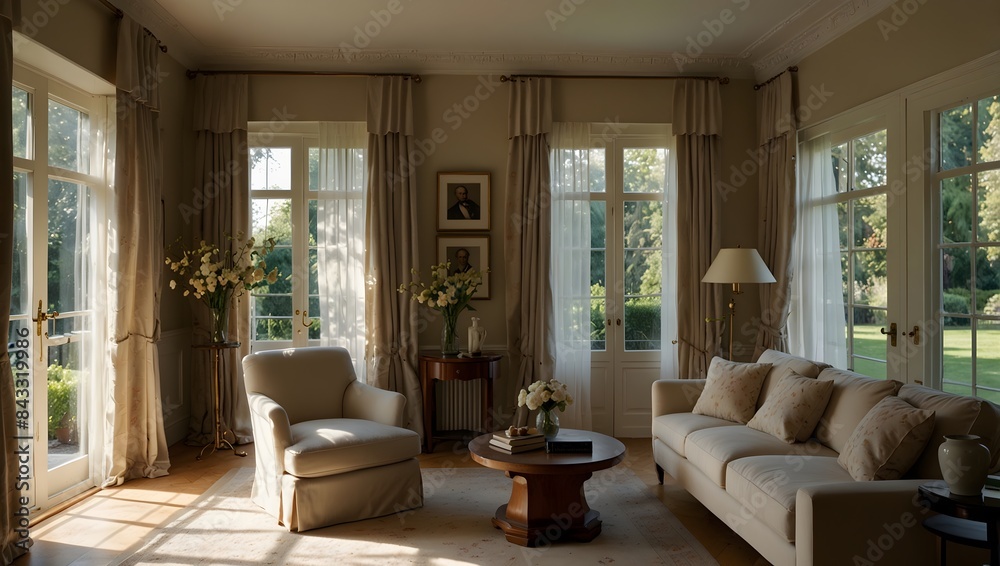 Fototapeta premium A serene drawing room overlooking a garden, bathed in soft sunlight filtering through sheer curtains ai-generated