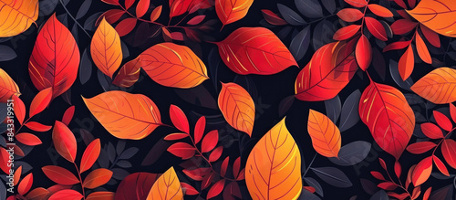 Seamless pattern of vibrant autumn leaves in shades of red, orange and yellow on a dark background