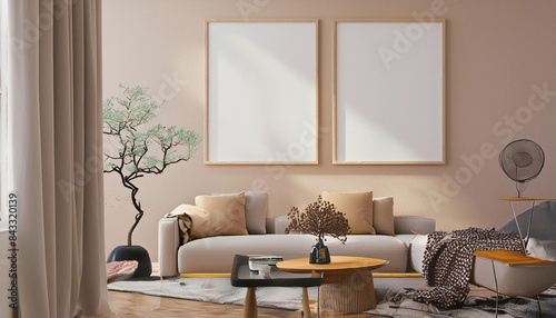Realistic 3D Render of Modern Living Room with ISO A Paper Size Wall Poster Mockup