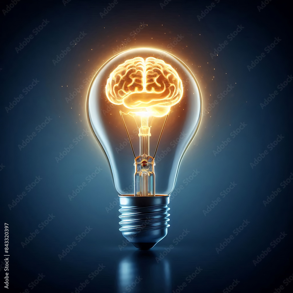 A glowing energy efficient light bulb with a brain as the filament on a dark blue gradient background. The light from brain provides a soft halo effect around the bulb A glowing energy efficient light bulb with a brain as the filament on a dark blue gradient background. The light from brain provides a soft halo effect around the bulb