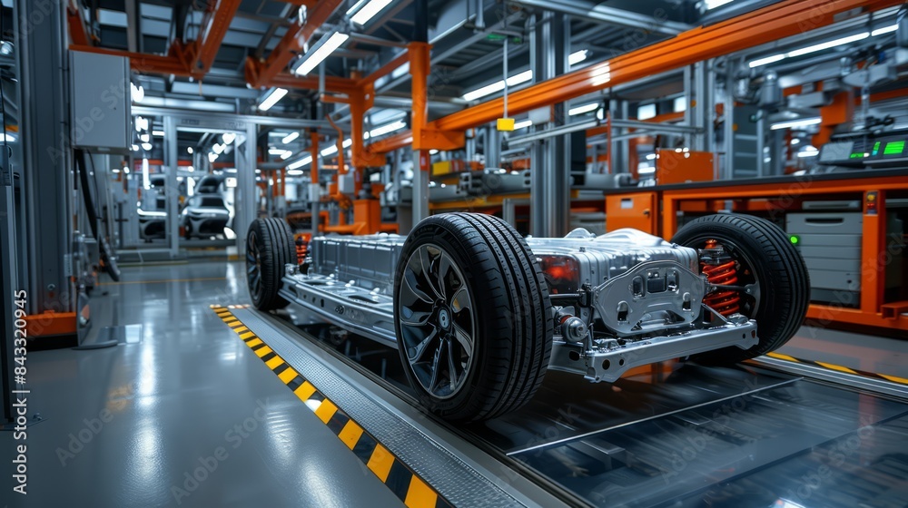 Cutting-edge electric vehicle chassis and high-performance battery packs in a futuristic production facility, showcasing innovative technology and streamlined design, with plenty of copy space for Cutting-edge electric vehicle chassis and high-performance battery packs in a futuristic production facility, showcasing innovative technology and streamlined design, with plenty of copy space for