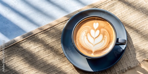 Cup of coffee on a beautiful background. Copy space. Top view. Flat lay. landscape, aroma, good vibe. photo