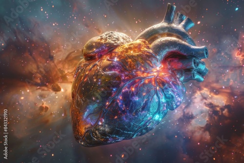 A silver heart soaring through a galaxy of vibrant nebulas. © AI ARTS