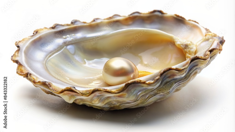 A single delicate oyster shell with its pearlescent interior gleaming, resting solo on a pristine white background, its ridged exterior a subtle contrast. A single delicate oyster shell with its pearlescent interior gleaming, resting solo on a pristine white background, its ridged exterior a subtle contrast.