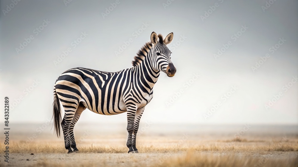 A majestic solitary zebra stands upright on a plain white background, its black and white stripes strikingly contrasting with the vacant surrounding space. A majestic solitary zebra stands upright on a plain white background, its black and white stripes strikingly contrasting with the vacant surrounding space.