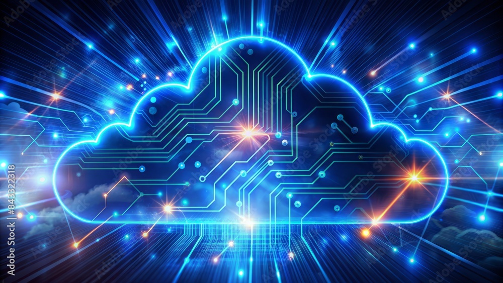 Vibrant digital clouds illuminated by glowing blue luminescent lines and circuits, symbolizing innovative artificial intelligence driven cloud computing and service technology. Vibrant digital clouds illuminated by glowing blue luminescent lines and circuits, symbolizing innovative artificial intelligence driven cloud computing and service technology.