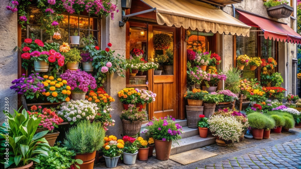 Vibrant flower arrangements spill out of a charming boutique's wooden doors, surrounded by rustic planters, beneath a vintage awning on a bustling city street sidewalk. Vibrant flower arrangements spill out of a charming boutique's wooden doors, surrounded by rustic planters, beneath a vintage awning on a bustling city street sidewalk.