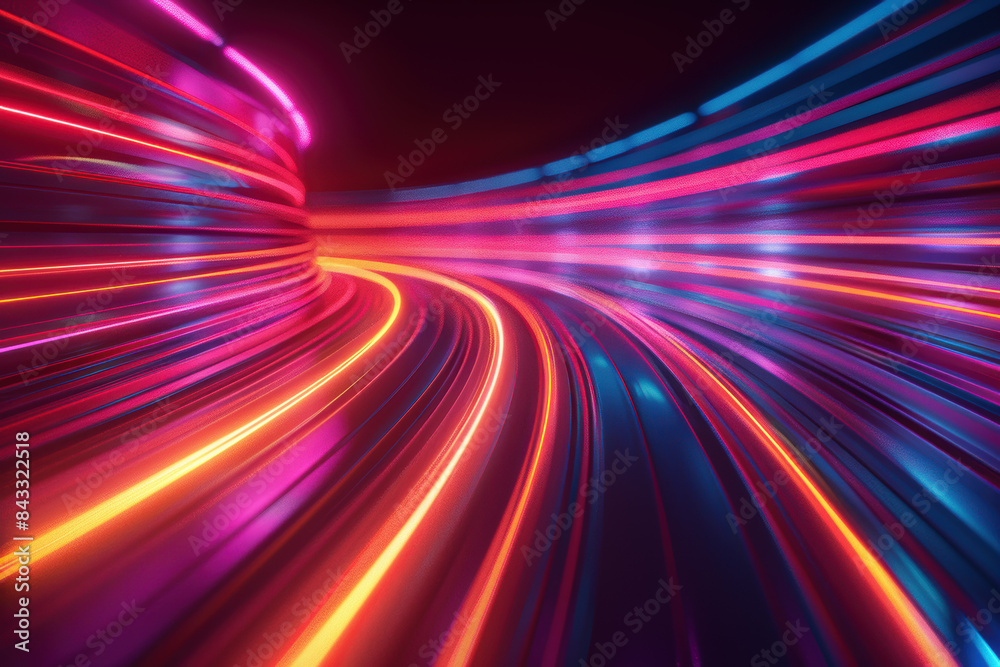 Dynamic, colorful neon light trails creating a futuristic and vibrant scene, perfect for backgrounds, digital art, and creative design projects.