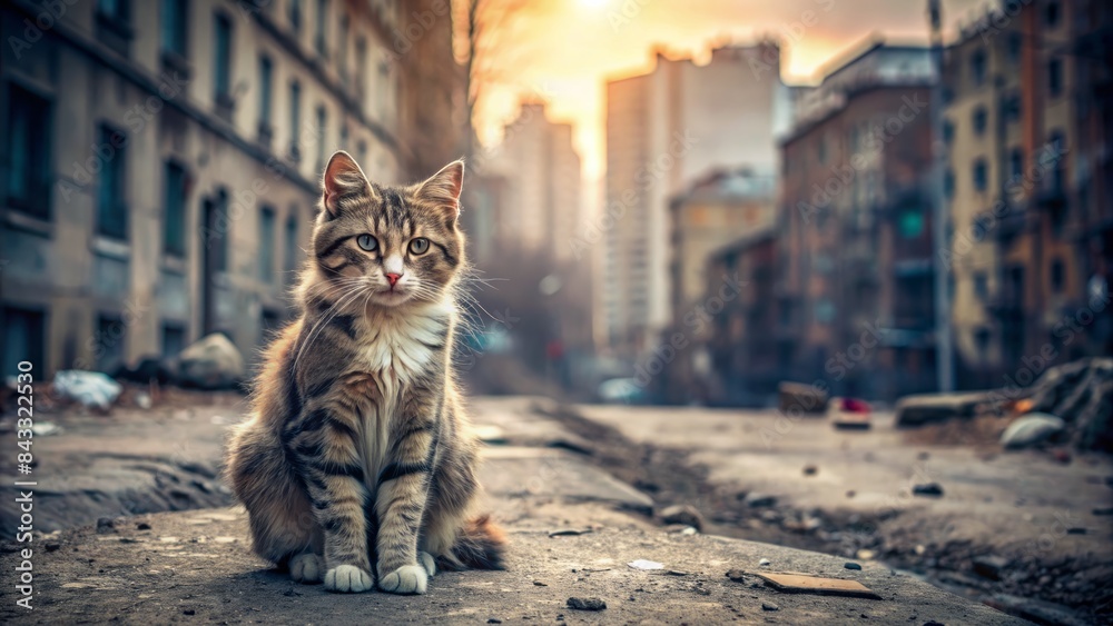 Pathetic homeless cat sits alone, gazing sorrowfully at the camera ...