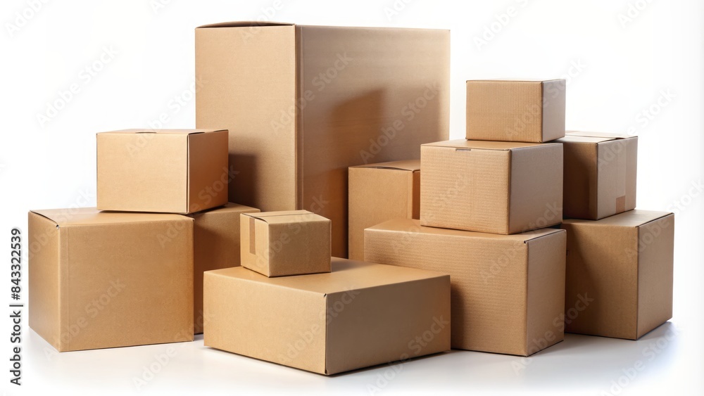 Stacked assortment of brown cardboard boxes in various sizes, neatly arranged in a group, isolated on a clean white background, devoid of any distractions. Stacked assortment of brown cardboard boxes in various sizes, neatly arranged in a group, isolated on a clean white background, devoid of any distractions.