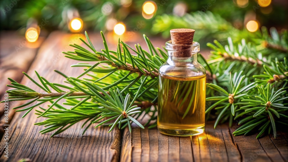 Serene pine tree background with a delicate essential oil bottle and a few sprigs of rosemary, exuding tranquility and relaxation. Serene pine tree background with a delicate essential oil bottle and a few sprigs of rosemary, exuding tranquility and relaxation.