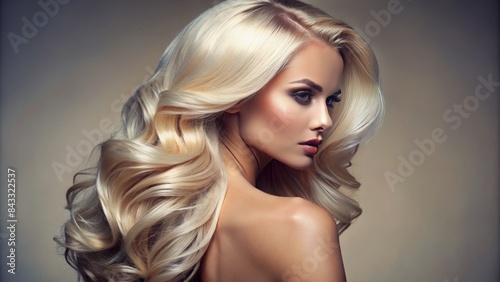 Glamorous platinum blonde hair cascades down a sleek, toned female back, illuminated by soft natural light, amidst a blurred, neutral-colored background atmosphere. photo