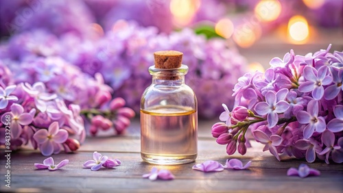 Soothing lilac flower background with a serene ambiance  featuring a delicate essential oil bottle for aromatherapy  exuding relaxation and calming tranquility in a peaceful atmosphere.