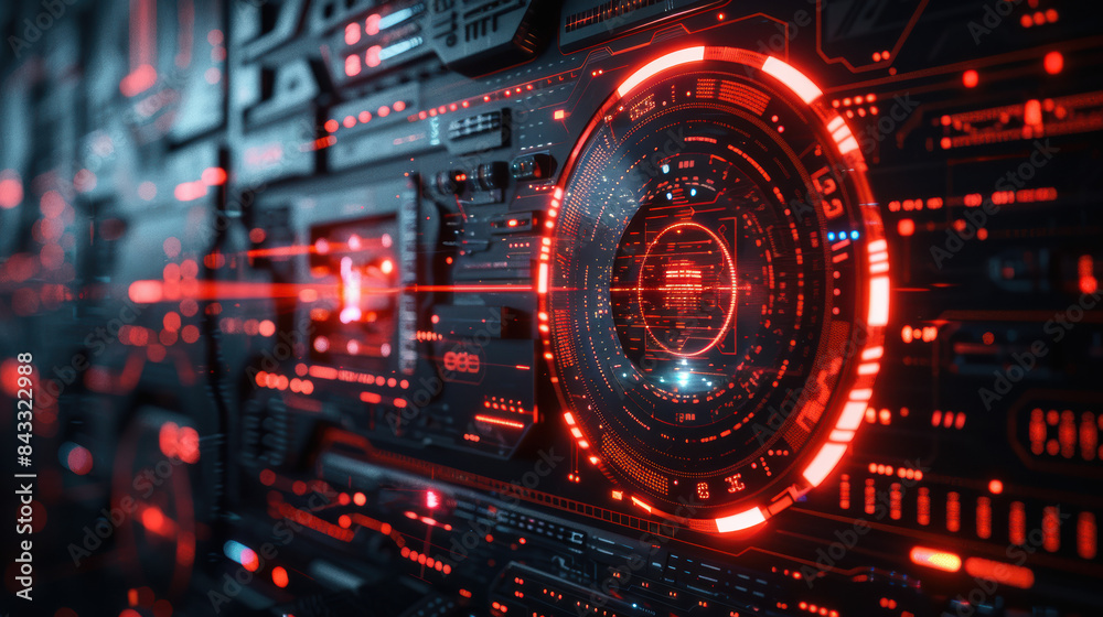 Futuristic red and black digital interface with glowing circles and data points, representing advanced technology and cyber elements.