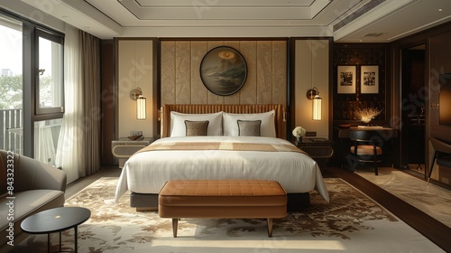 3D visualization of a hotel room: stylish and cozy design, harmonious combination of colors and materials for perfect visualization of interiors.