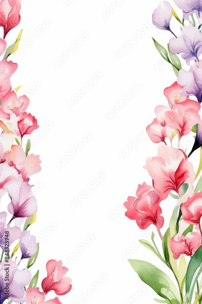 Fototapeta premium snapdragon themed frame or border for photos . with tall spikes of colorful blooms. watercolor illustration, white color background.