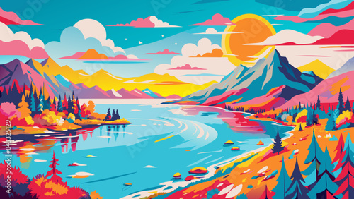 Vibrant Autumn Landscape with River and Mountains at Sunset