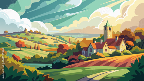 Idyllic Countryside Scenery with Quaint Village Church and Lush Fields