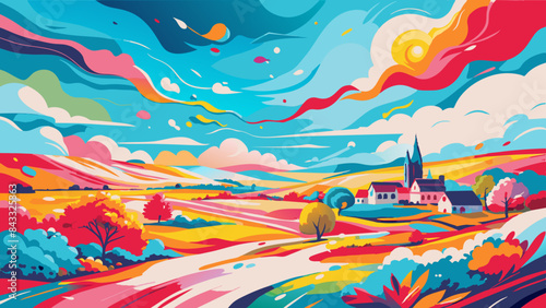 Vibrant Countryside Church Amidst Rolling Hills and Autumn Trees
