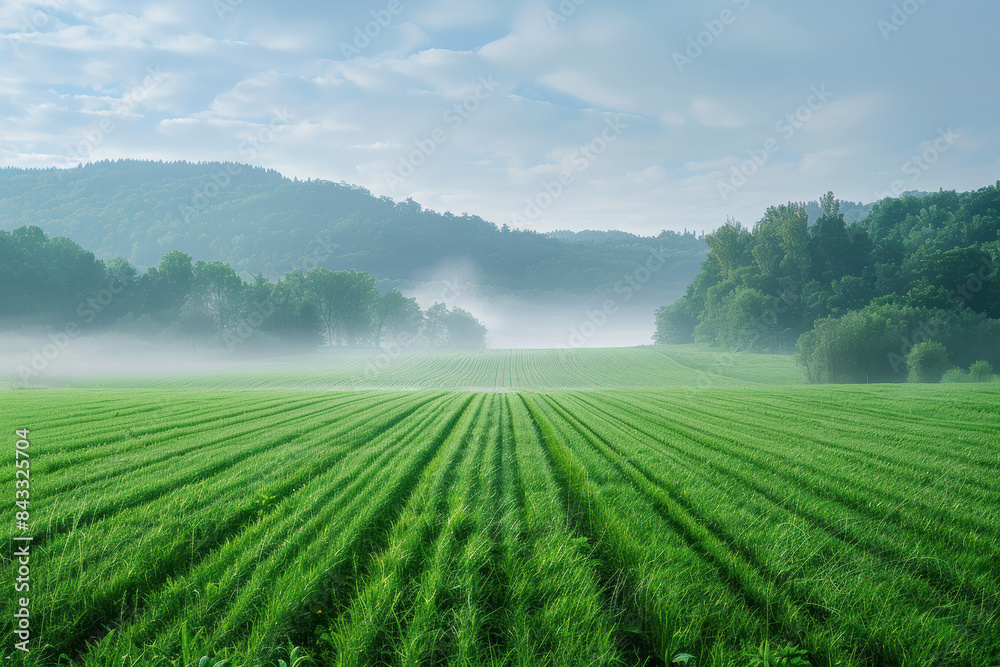 Serene landscape of a lush green field with morning fog, set against rolling hills and a cloudy sky, creating a calming natural scenery. Serene landscape of a lush green field with morning fog, set against rolling hills and a cloudy sky, creating a calming natural scenery.