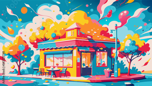 Vibrant, Colorful Illustration of Cozy Cafe on a Sunny Day