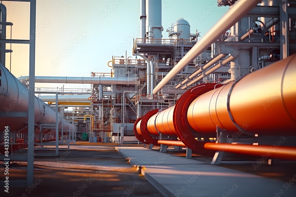 3d rendering of an oil production plant with pipes and machinery, set against the backdrop of industrial architecture. The focus is on one large blue pipe in closeup view 3d rendering of an oil production plant with pipes and machinery, set against the backdrop of industrial architecture. The focus is on one large blue pipe in closeup view