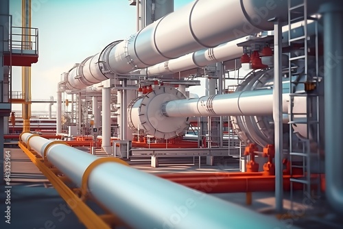 3d rendering of an oil production plant with pipes and machinery, set against the backdrop of industrial architecture. The focus is on one large blue pipe in closeup view