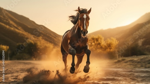 a brown horse running fast in the open. The horse ran strongly, and raised dust from the ground with its powerful steps.