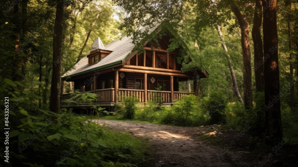 wooden house located in the middle of a green and lush forest. and has a dark brown exterior, with a steep green roof and a spacious terrace decorated with an elaborate wooden fence. wooden house located in the middle of a green and lush forest. and has a dark brown exterior, with a steep green roof and a spacious terrace decorated with an elaborate wooden fence.