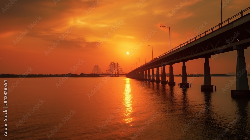 a stunning view of a steel bridge with a stunning sunset in the background