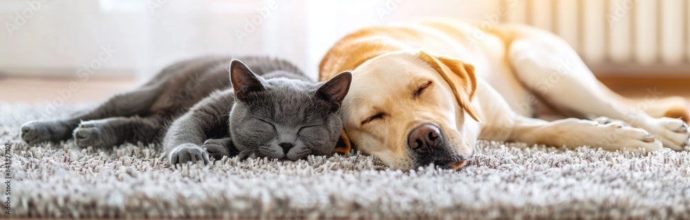 Fototapeta premium Realistic photo of a happy gray cat and yellow Labrador dog lying on the carpet, closeup portrait with a banner having space for text or logo, blurred background, minimalist style, pastel colors,