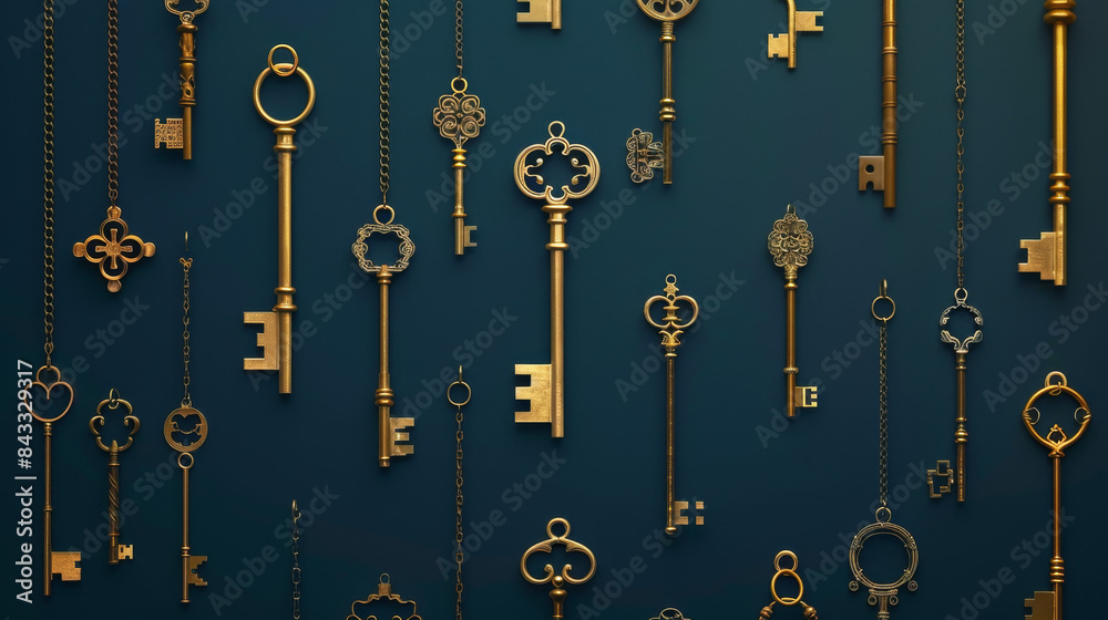 Hanging golden keys of various shapes and sizes on a dark blue background Hanging golden keys of various shapes and sizes on a dark blue background