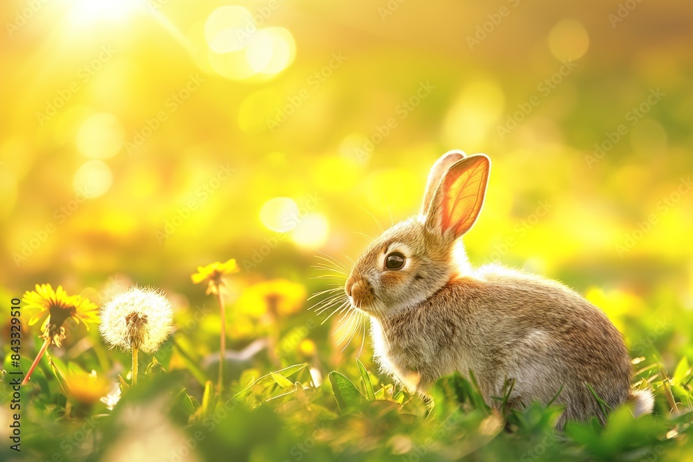 Cute brown rabbit in a green field of dandelions, looking at the camera on a sunny spring day. Easter themed background with open space. Easter bunny concept. Cute brown rabbit in a green field of dandelions, looking at the camera on a sunny spring day. Easter themed background with open space. Easter bunny concept.