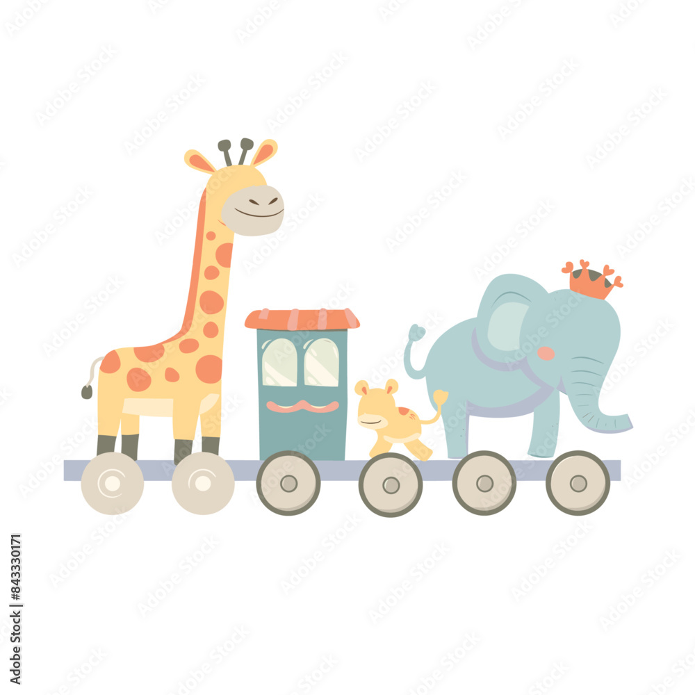 A cute giraffe, elephant and monkey on wheels with train carriages in the style of simple flat vector clipart A cute giraffe, elephant and monkey on wheels with train carriages in the style of simple flat vector clipart