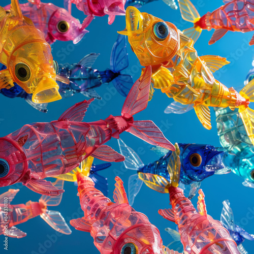 A group of colorful plastic fish are suspended in the air photo