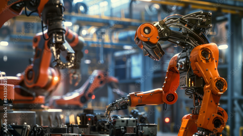 A robot is working in a factory with other robots A robot is working in a factory with other robots