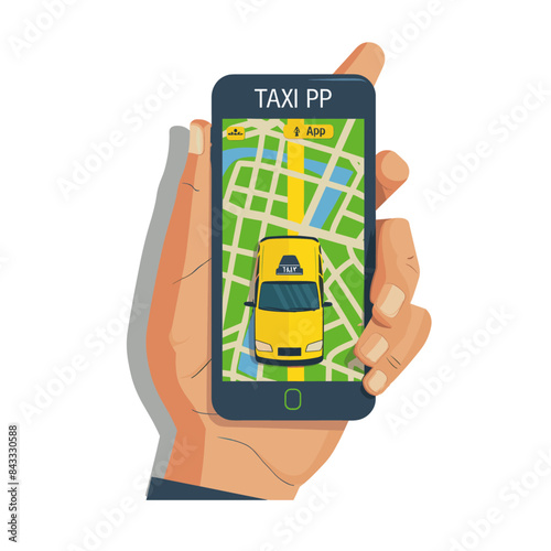 yellow taxi icon above. A cartoon style drawing with a simple background in the style of comic book art