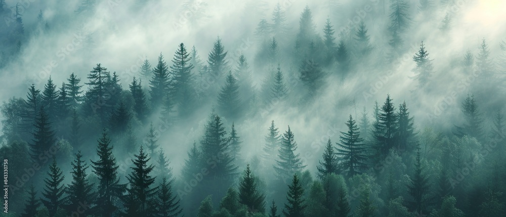 A forest with trees covered in mist. The trees are tall and green, and the mist gives the forest a mysterious and serene atmosphere A forest with trees covered in mist. The trees are tall and green, and the mist gives the forest a mysterious and serene atmosphere