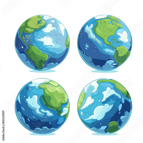 4 vector illustration of earth in cartoon style, blue and green colors, white background, flat design, vector art, flat shading, clipart