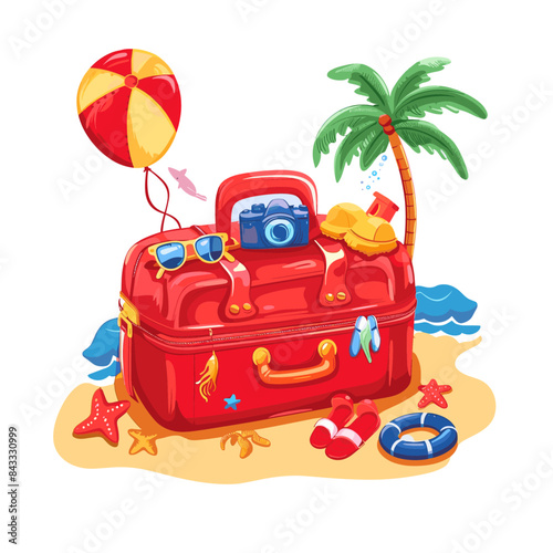 A red suitcase filled with beach accessories, sunglasses and flipflops, sits on the sand of an exotic island
