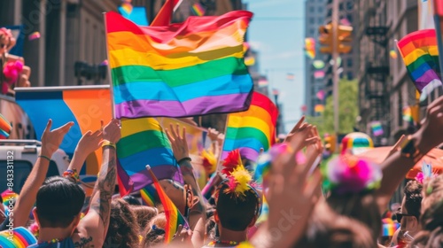 Crowd celebrating with rainbow flags at a public event