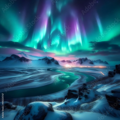 A breathtaking view of the Northern Lights shimmering over a Icelandic landscape