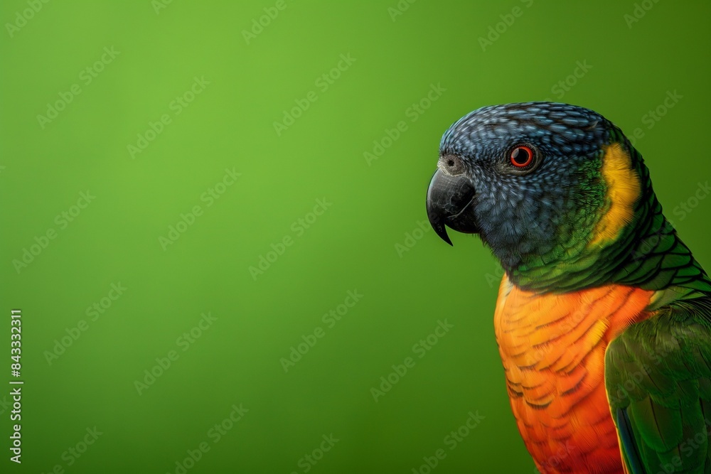 Obraz premium A close-up portrait photo of a colourful parrot against a colourful yellow background. The bird is the focal point of attention against the vibrant coloured backdrop, creating a visually appealing and