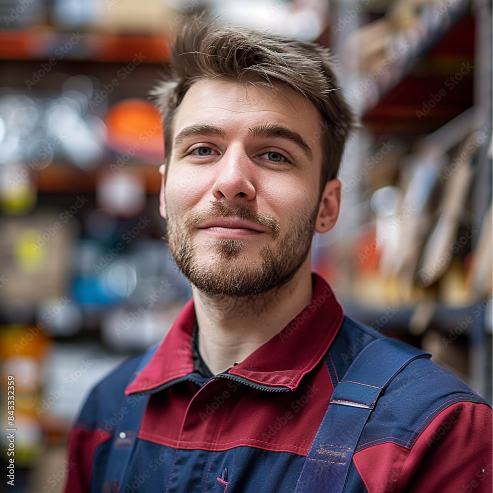 a male sales consultant with stubble in a burgundy and blue uniform, photo up to the chest, he is in a building materials and welding equipment store a male sales consultant with stubble in a burgundy and blue uniform, photo up to the chest, he is in a building materials and welding equipment store
