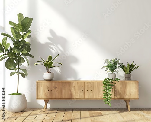 Fototapeta Naklejka Na Ścianę i Meble -  3D rendering of a mock up interior design concept, with a white wall background and a wooden sideboard and plants on the floor in the style of a modern minimalist living room