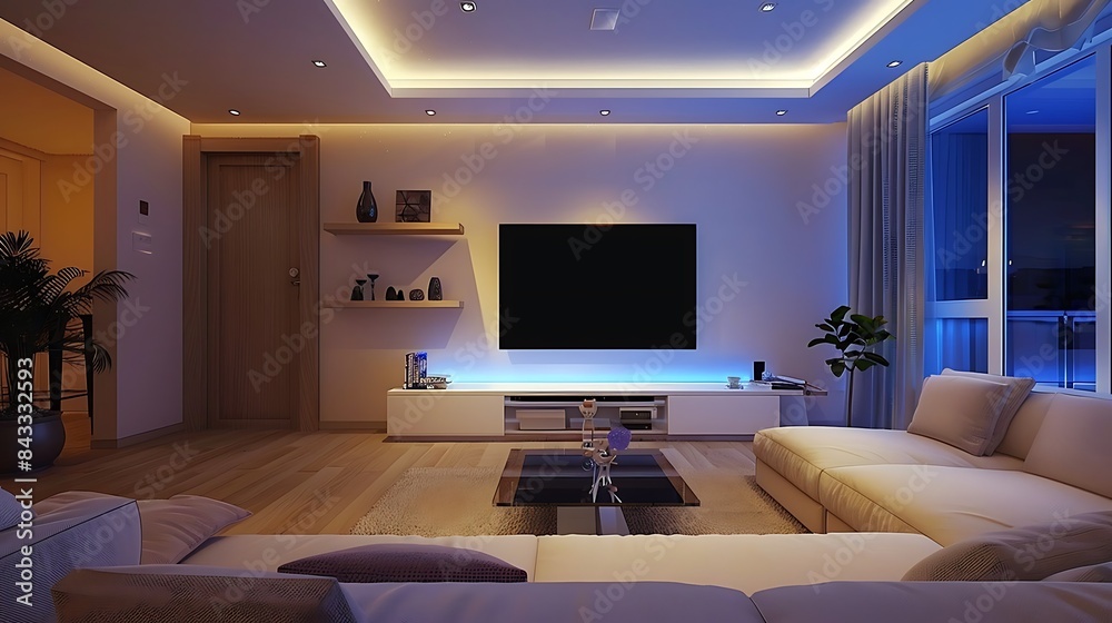 Family room interior with LED tv on the wall Family room interior with LED tv on the wall