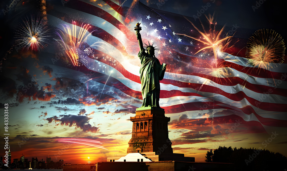 Fototapeta premium Statue of Liberty in Splendor: USA's Freedom Day Glow