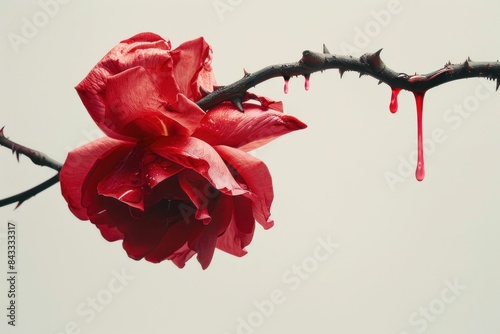 Blood dripping red rose on branch beauty in darkness and despair as a symbol of love and loss